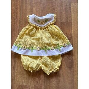 Vintage LITTLE BITTY YELLOW Gingham floral appliqué baby dress